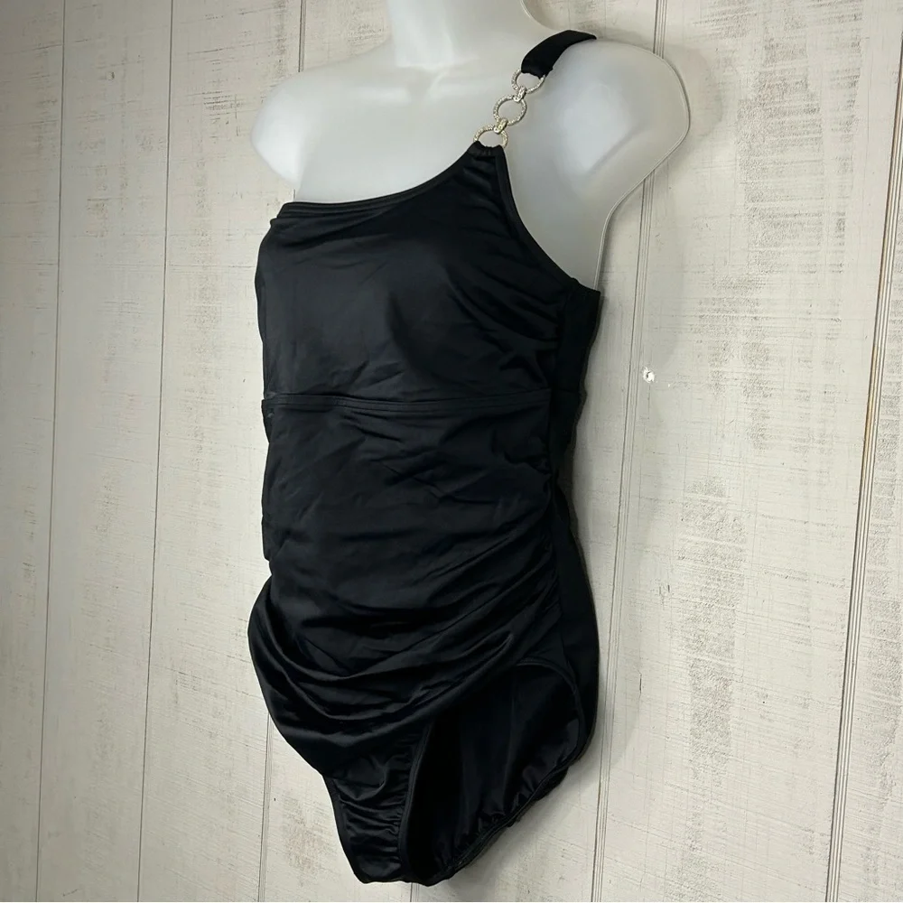 Lands End One‎ Piece Swimsuit Size 16P Asymmetric Soft Cups Shirred Black Beachy